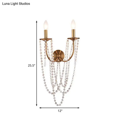 French country brushed brass clear crystal wall lamp bedroom sconce