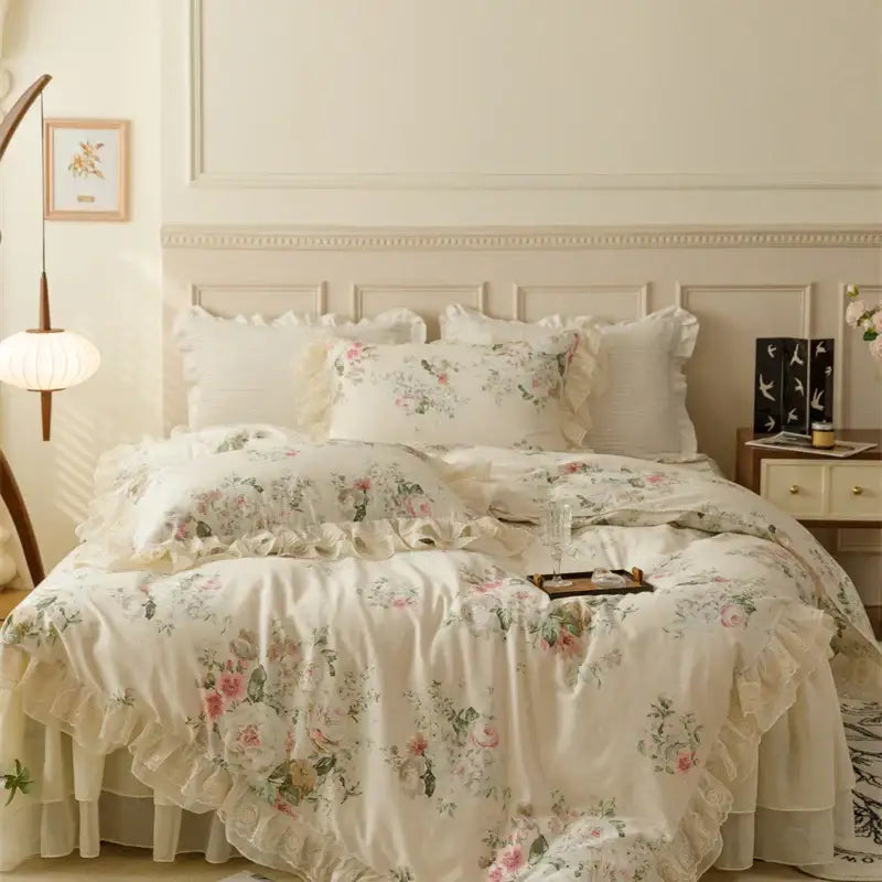 French country flowers cream floral ruffled bedding set bedroom