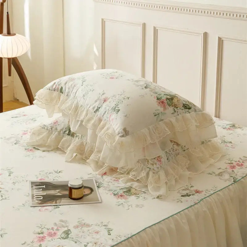 French country flowers cream floral ruffled bedding set bedroom