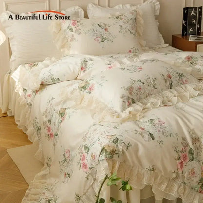 French country flowers cream floral ruffled bedding set bedroom