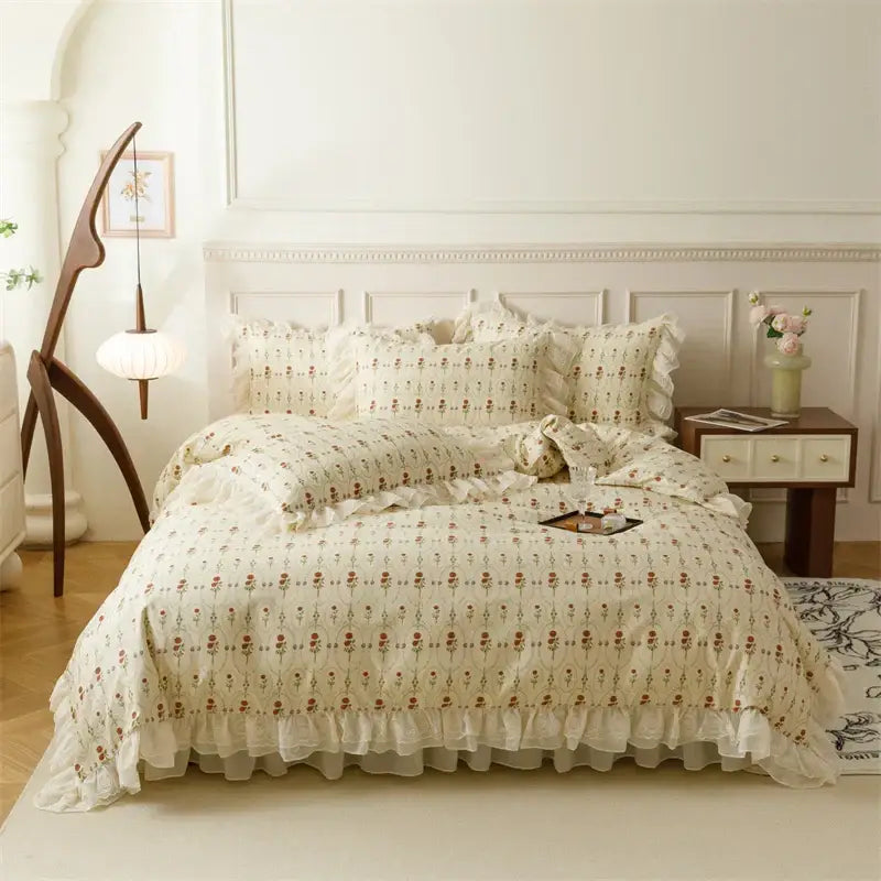 French country flowers cream floral ruffled bedding set bedroom