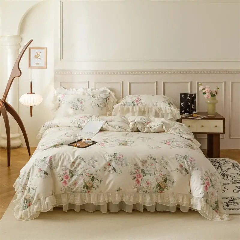 French country flowers cream floral ruffled bedding set bedroom