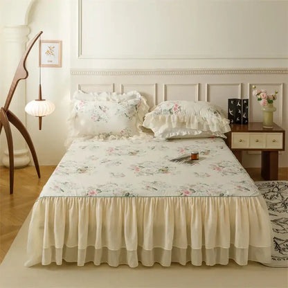 French country flowers cream floral ruffled bedding set bedroom