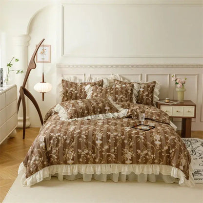 French country flowers cream floral ruffled bedding set bedroom