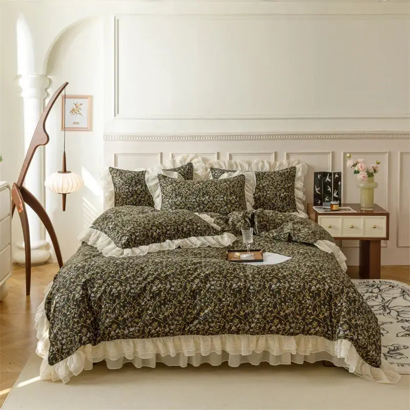 French country flowers cream floral ruffled bedding set bedroom