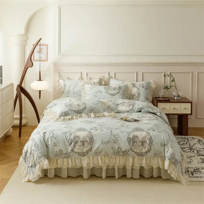 French country flowers cream floral ruffled bedding set bedroom