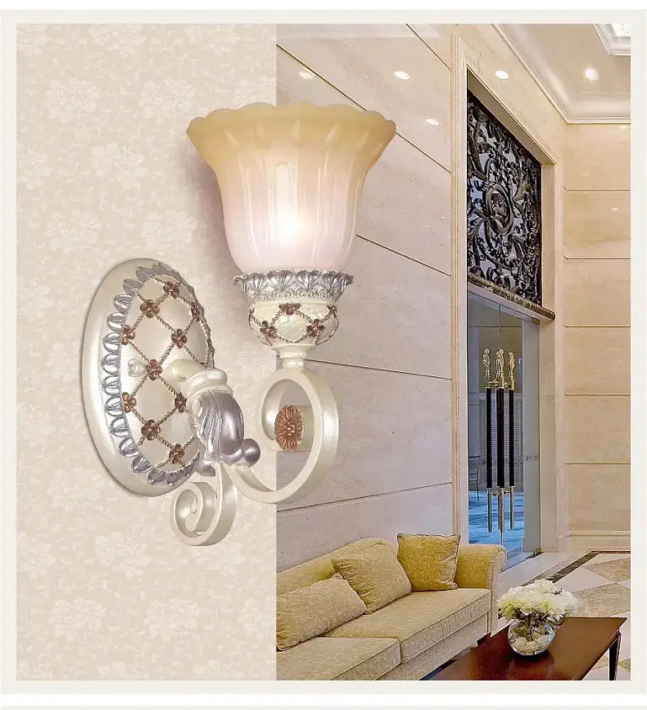 French country gold wall sconce with opaline glass – living room