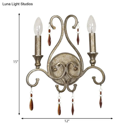 DecorBites™ French Country Iron Candle Wall Sconce with Crystal Deco - Aged Silver 2-Light Fixture