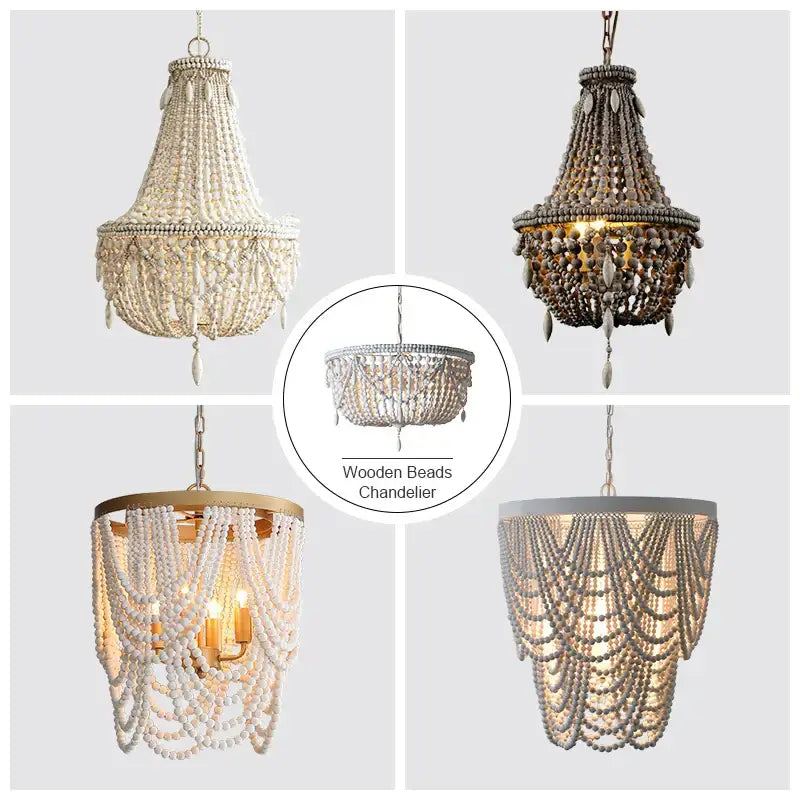 French country wood bead chandelier for bedroom or dining room