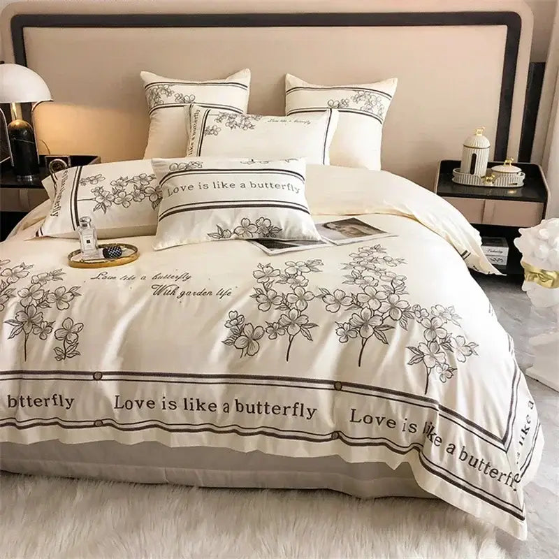 French embroidered cotton bedding set cream & black bedroom decor