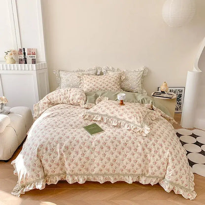 French floral bedding set – cream & brown ruffled bedroom decor