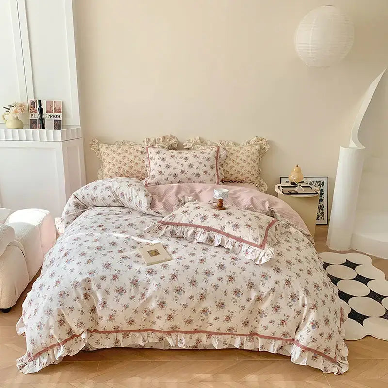 French floral bedding set – cream & brown ruffled bedroom decor