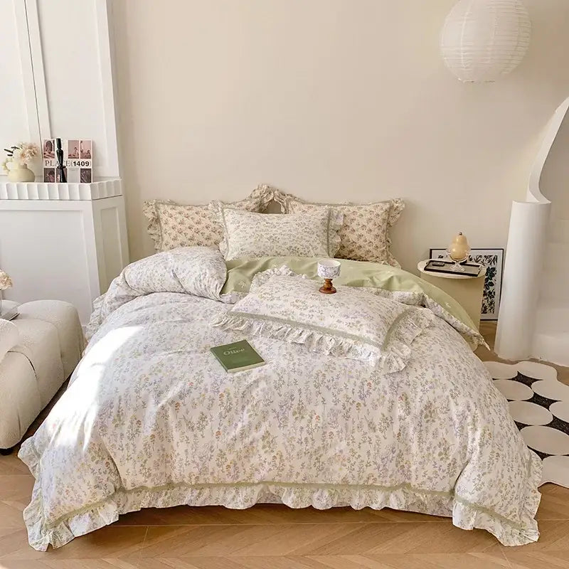 French floral bedding set – cream & brown ruffled bedroom decor