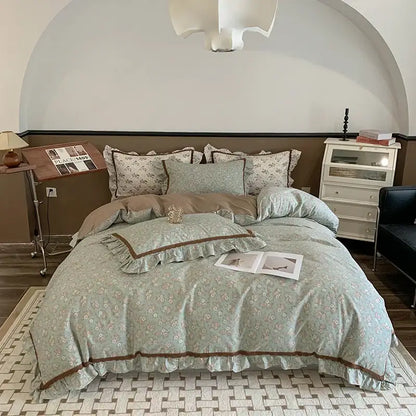 French floral bedding set – cream & brown ruffled bedroom decor