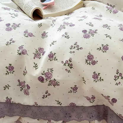 French floral cream and purple double layer lace ruffles bedding set bedroom