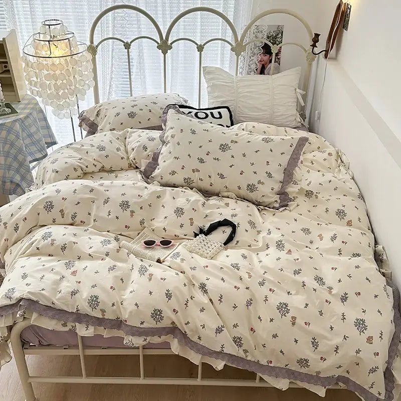 French floral cream and purple double layer lace ruffles bedding set bedroom