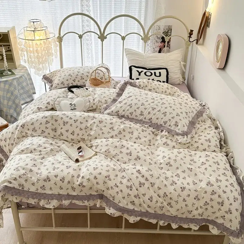 French floral cream and purple double layer lace ruffles bedding set bedroom