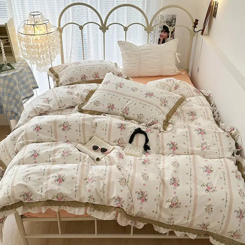 French floral cream and purple double layer lace ruffles bedding set bedroom