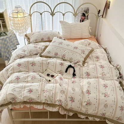 French floral cream and purple double layer lace ruffles bedding set bedroom