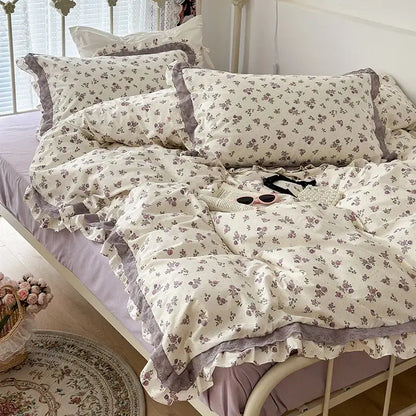 French floral cream and purple double layer lace ruffles bedding set bedroom