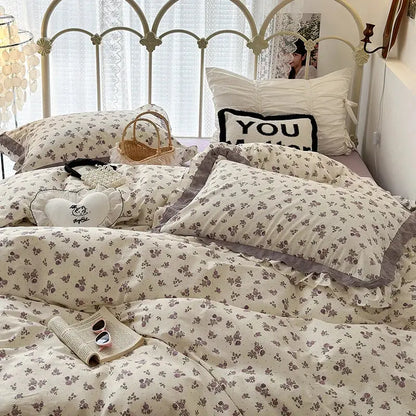 French floral cream and purple double layer lace ruffles bedding set bedroom