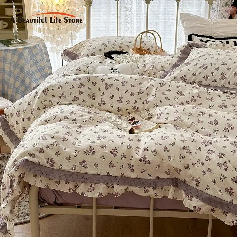 French floral cream and purple double layer lace ruffles bedding set bedroom