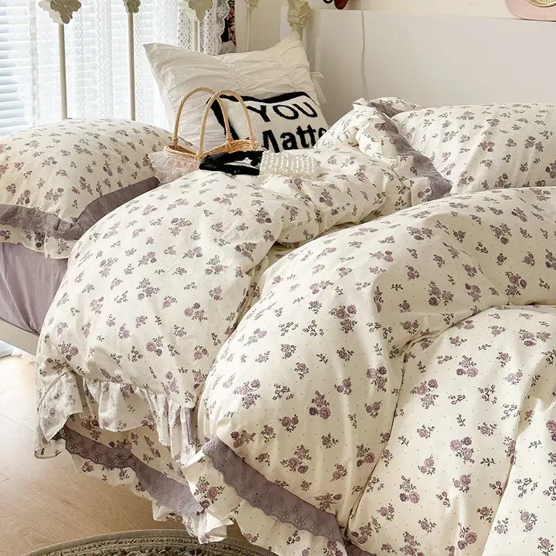 French floral cream and purple double layer lace ruffles bedding set bedroom
