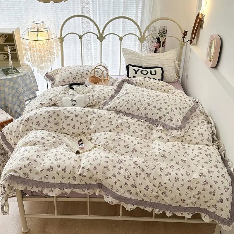 French floral cream and purple double layer lace ruffles bedding set bedroom