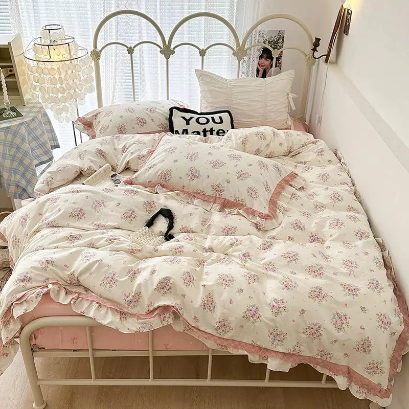 French floral cream and purple double layer lace ruffles bedding set bedroom