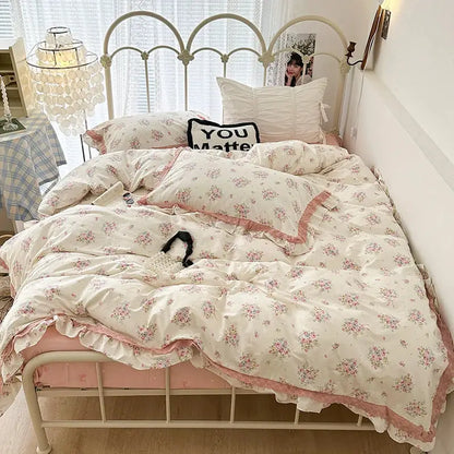 French floral cream and purple double layer lace ruffles bedding set bedroom
