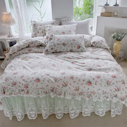 French floral print bedding set white lace quilted bedroom duvet cover