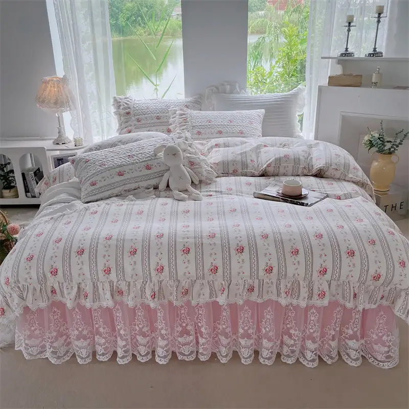 French floral print bedding set white lace quilted bedroom duvet cover