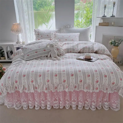French floral print bedding set white lace quilted bedroom duvet cover