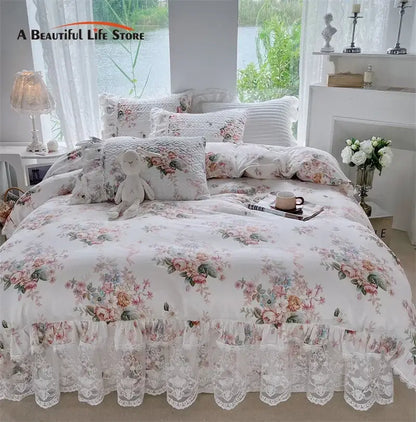 French floral print bedding set white lace quilted bedroom duvet cover
