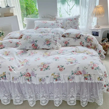 French floral print bedding set white lace quilted bedroom duvet cover