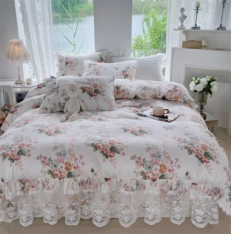 French floral print bedding set white lace quilted bedroom duvet cover