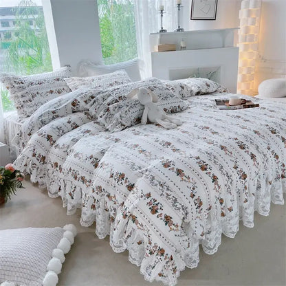 French floral print bedding set white lace quilted bedroom duvet cover