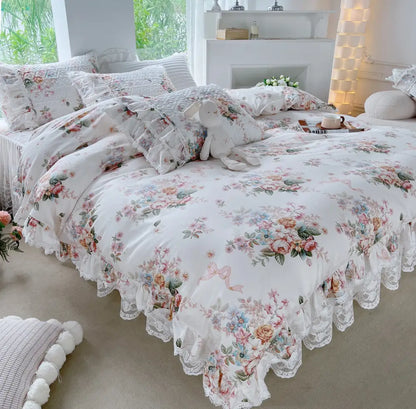 French floral print bedding set white lace quilted bedroom duvet cover