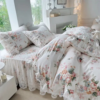 French floral print bedding set white lace quilted bedroom duvet cover
