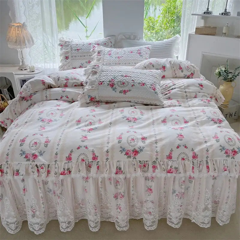 French floral print bedding set white lace quilted bedroom duvet cover