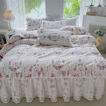 French floral print bedding set white lace quilted bedroom duvet cover