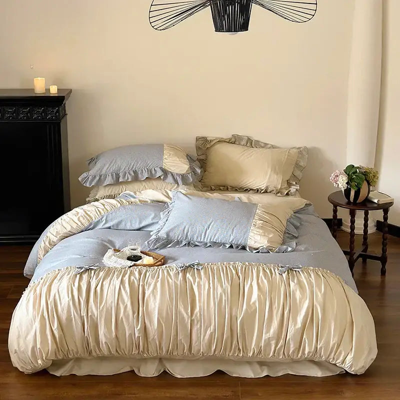 French floral washed cotton bedding set beige & brown bedroom ruffles