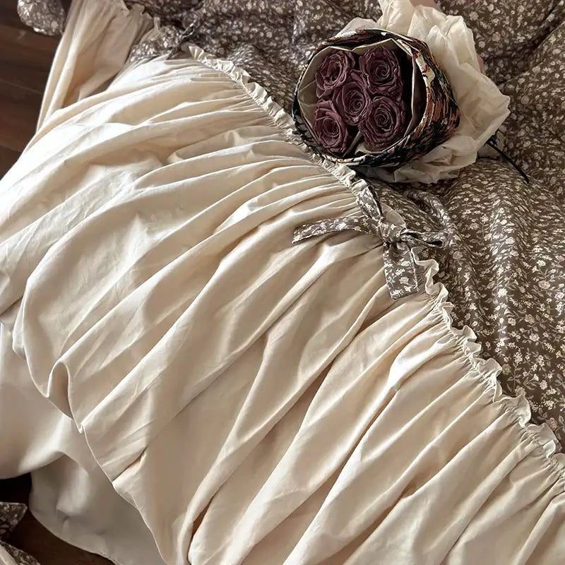 French floral washed cotton bedding set beige & brown bedroom ruffles