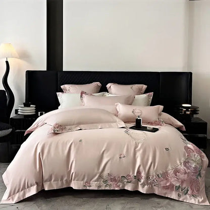 French flowers embroidery cream & pink bedding set bedroom luxury cotton