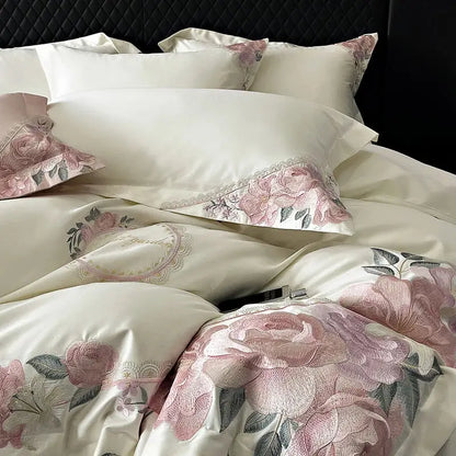 French flowers embroidery cream & pink bedding set bedroom luxury cotton