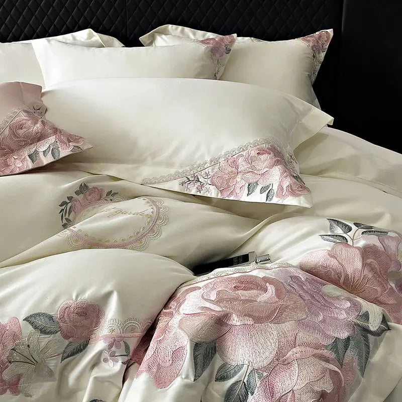 French flowers embroidery cream & pink bedding set bedroom luxury cotton