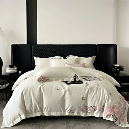 French flowers embroidery cream & pink bedding set bedroom luxury cotton