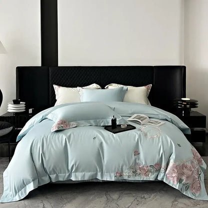 French flowers embroidery cream & pink bedding set bedroom luxury cotton