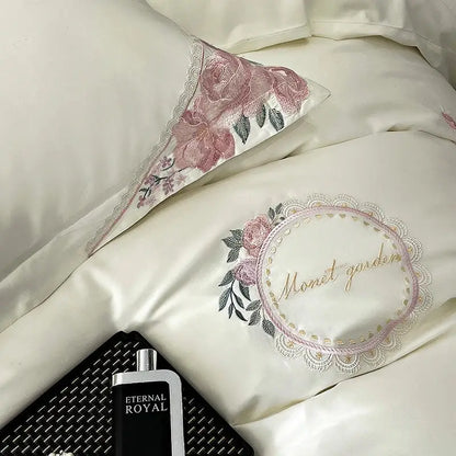 French flowers embroidery cream & pink bedding set bedroom luxury cotton