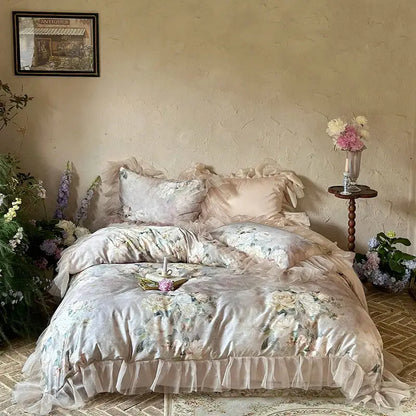 French flowers lace ruffles blush pink bedding set bedroom duvet
